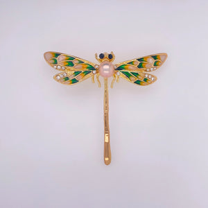 Cultured Freshwater Pearl (8-9mm) &  Dragonfly Brooches in Copper