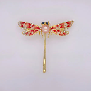 Cultured Freshwater Pearl (8-9mm) &  Dragonfly Brooches in Copper