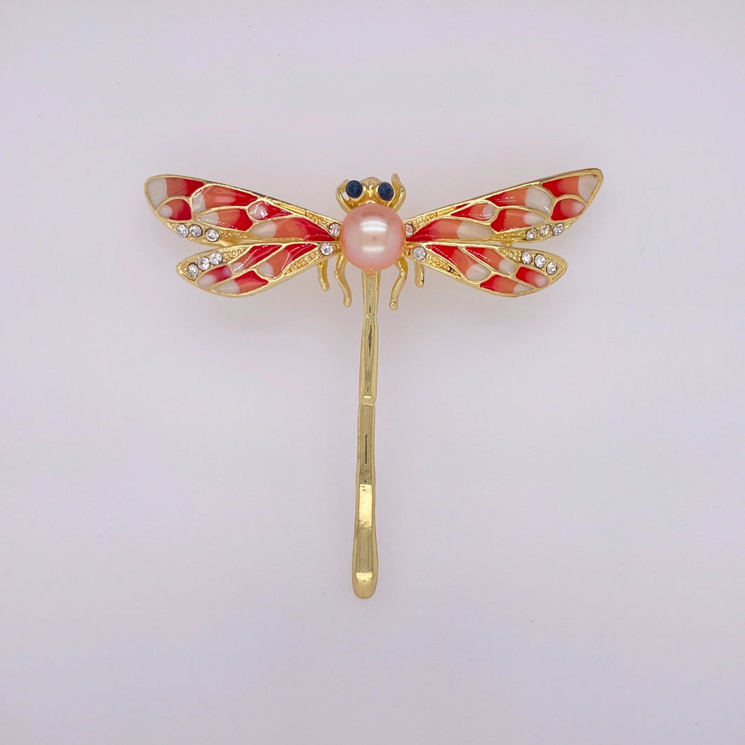 Cultured Freshwater Pearl (8-9mm) &  Dragonfly Brooches in Copper