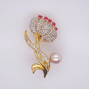 Cultured Freshwater Pearl (9-10mm) & Cubic Zirconia  Raphia Vinifera Pin